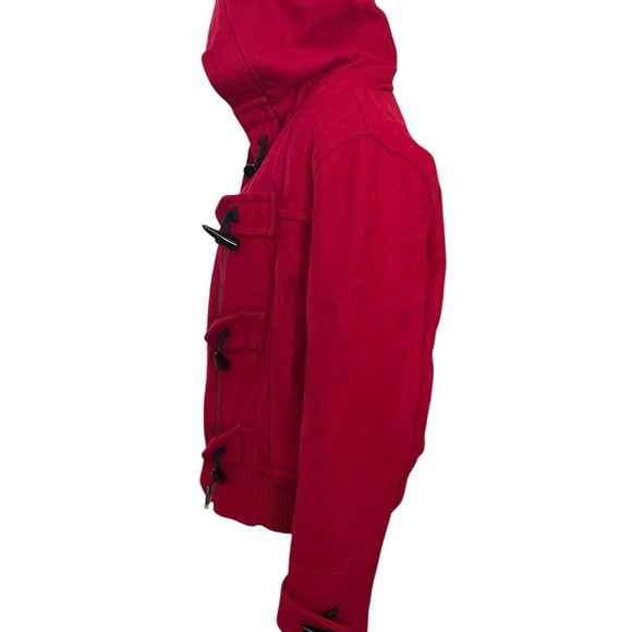 Forever 21 Red Toggle Button Hooded Jacket Women’s Size Small | Plaid Lined Coat - Picture 4 of 8